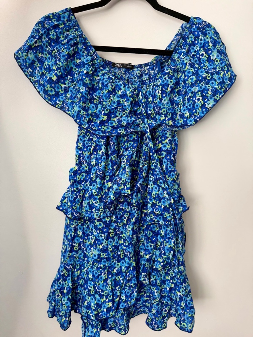 Like New Zara Blue Floral Off-Shoulder Ruffle Romper Dress Small